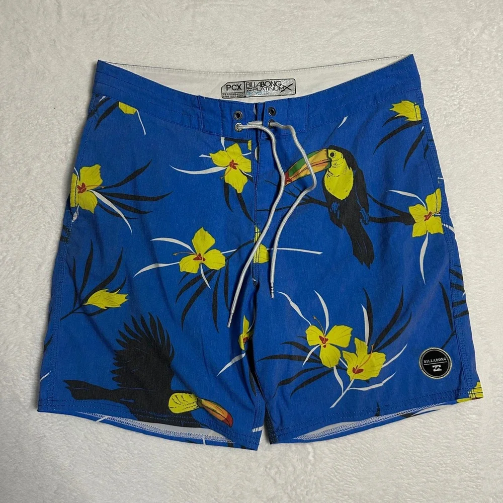 Billabong Platinum X Recycler Mens Board Shorts Blue Toucan Floral Tropical 34